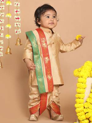 Infant  Rose Gold Cotton Blend Kurta Dhoti And Dupatta 2