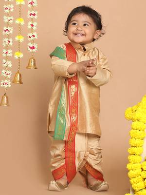 Infant  Rose Gold Cotton Blend Kurta Dhoti And Dupatta 3