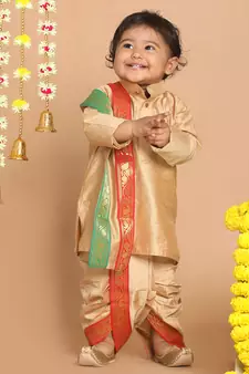 Infant  Rose Gold Cotton Blend Kurta Dhoti And Dupatta