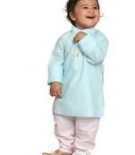 Infant Boys Blue And White Cotton Blend Kurta Pyjama Set