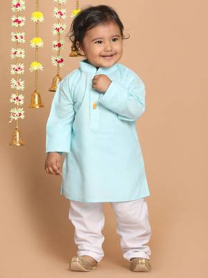 Infant Boys Blue And White Cotton Blend Kurta Pyjama Set 2