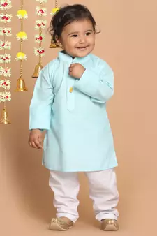 Infant Boys Blue And White Cotton Blend Kurta Pyjama Set