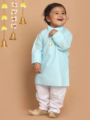 Infant Boys Blue And White Cotton Blend Kurta Pyjama Set 3