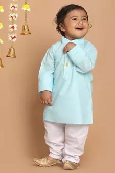 Infant Boys Blue And White Cotton Blend Kurta Pyjama Set