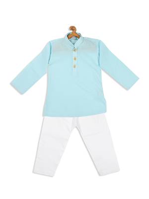 Infant Boys Blue And White Cotton Blend Kurta Pyjama Set 4