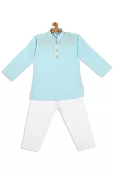 Infant Boys Blue And White Cotton Blend Kurta Pyjama Set