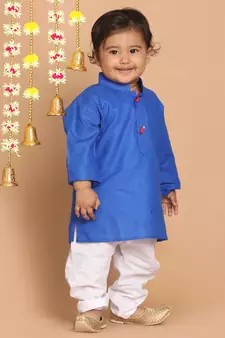Infant  Dark Blue And White Cotton Blend Kurta Pyjama Set