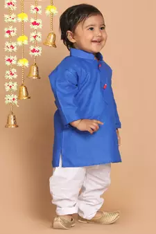 Infant  Dark Blue And White Cotton Blend Kurta Pyjama Set