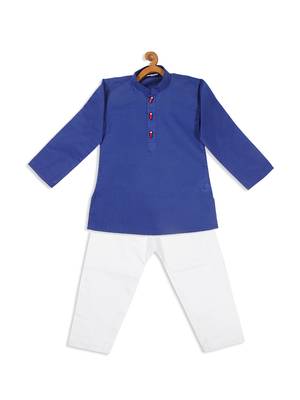 Infant  Dark Blue And White Cotton Blend Kurta Pyjama Set 4