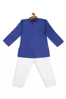 Infant  Dark Blue And White Cotton Blend Kurta Pyjama Set