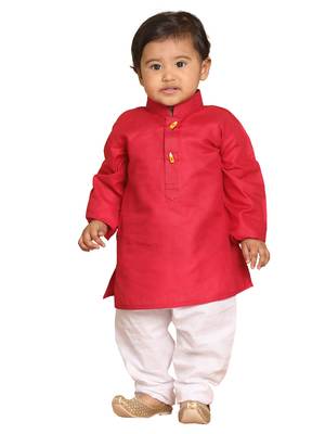 Infant Boys Maroon And White Cotton Blend Kurta Pyjama Set 1