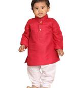 Infant Boys Maroon And White Cotton Blend Kurta Pyjama Set