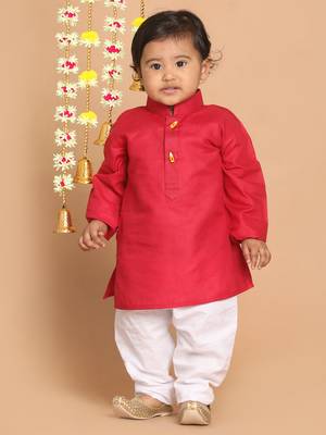 Infant Boys Maroon And White Cotton Blend Kurta Pyjama Set 2