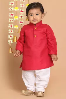 Infant Boys Maroon And White Cotton Blend Kurta Pyjama Set