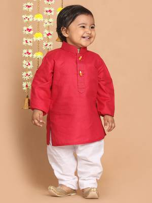 Infant Boys Maroon And White Cotton Blend Kurta Pyjama Set 3