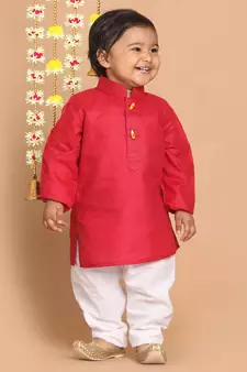 Infant Boys Maroon And White Cotton Blend Kurta Pyjama Set