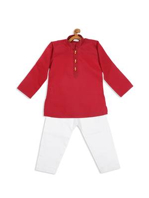 Infant Boys Maroon And White Cotton Blend Kurta Pyjama Set 4