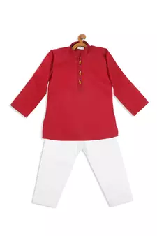 Infant Boys Maroon And White Cotton Blend Kurta Pyjama Set