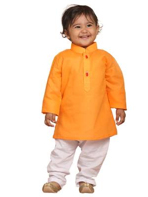 Infant  Orange And White Cotton Blend Kurta Pyjama Set 1