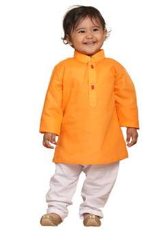 Infant Boys Orange And White Cotton Blend Kurta Pyjama Set