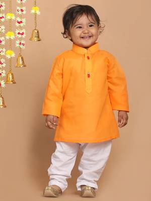 Infant  Orange And White Cotton Blend Kurta Pyjama Set 2