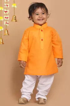 Infant  Orange And White Cotton Blend Kurta Pyjama Set