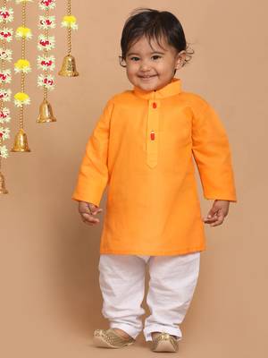 Infant  Orange And White Cotton Blend Kurta Pyjama Set 3
