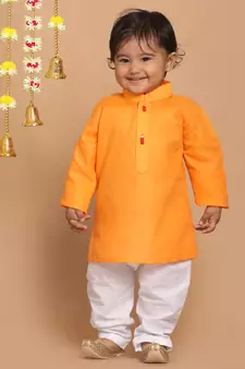 Infant  Orange And White Cotton Blend Kurta Pyjama Set