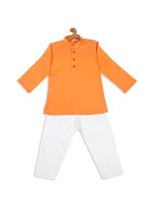 Infant  Orange And White Cotton Blend Kurta Pyjama Set 4