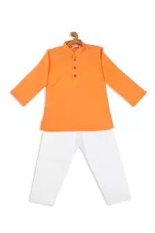 Infant  Orange And White Cotton Blend Kurta Pyjama Set
