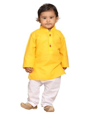 Infant  Yellow And White Cotton Blend Kurta Pyjama Set 1