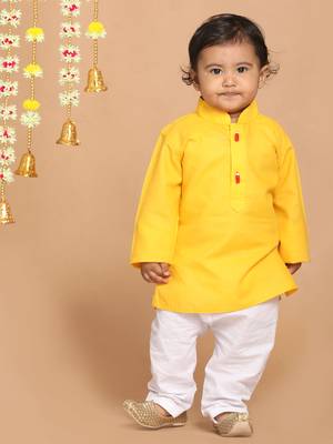 Infant  Yellow And White Cotton Blend Kurta Pyjama Set 2