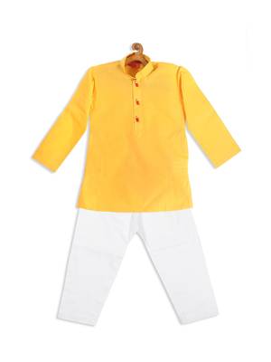 Infant  Yellow And White Cotton Blend Kurta Pyjama Set 4