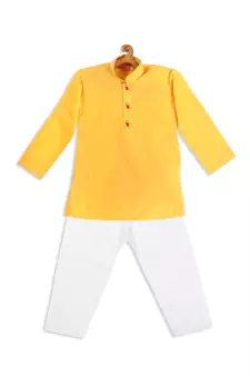 Infant  Yellow And White Cotton Blend Kurta Pyjama Set