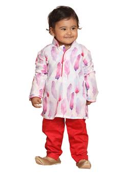 Infant Boys Multicolor-Base-White Cotton Blend Kurta Pyjama Set
