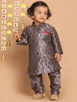 Infant  Multicolor-Base-Grey Silk Blend Kurta Pyjama Set 2