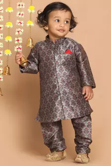 Infant  Multicolor-Base-Grey Silk Blend Kurta Pyjama Set