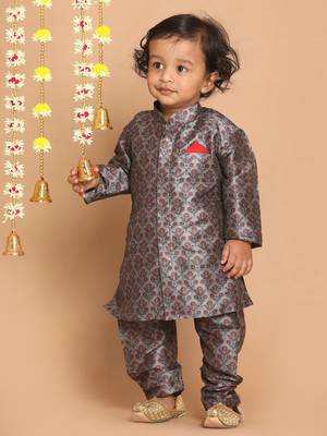 Infant  Multicolor-Base-Grey Silk Blend Kurta Pyjama Set 3
