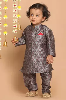 Infant  Multicolor-Base-Grey Silk Blend Kurta Pyjama Set