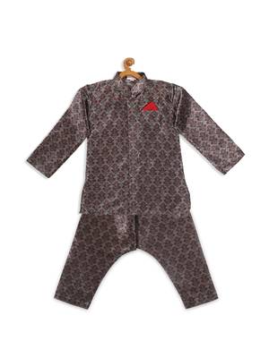 Infant  Multicolor-Base-Grey Silk Blend Kurta Pyjama Set 4