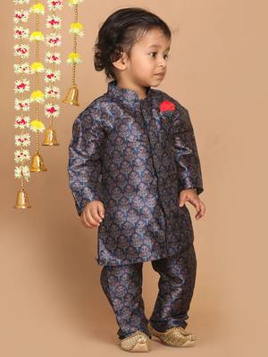 Infant  Multicolor-Base-Blue Silk Blend Kurta Pyjama Set 3