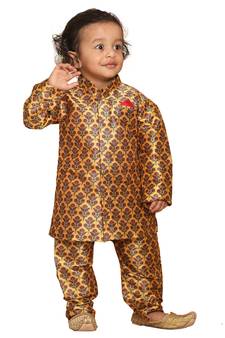 Infant Boys Multicolor-Base-Yellow Silk Blend Kurta Pyjama Set