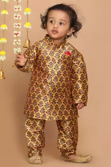 Infant  Multicolor-Base-Yellow Silk Blend Kurta Pyjama Set