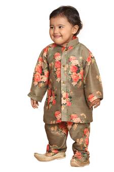 Infant Boys Multicolor-Base-Brown Cotton Blend Kurta Pyjama Set