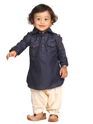 Infant  Navy Blue Cotton Blend Pathani Kurta Set 1