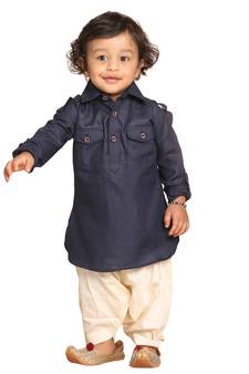 Infant Boys Navy Blue Cotton Blend Pathani Kurta Set