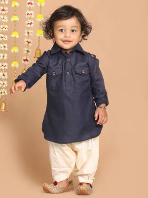 Infant  Navy Blue Cotton Blend Pathani Kurta Set 2