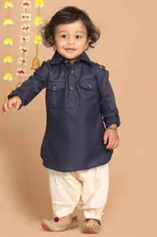 Infant  Navy Blue Cotton Blend Pathani Kurta Set