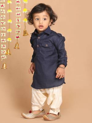Infant  Navy Blue Cotton Blend Pathani Kurta Set 3