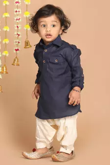 Infant  Navy Blue Cotton Blend Pathani Kurta Set